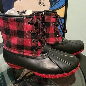 Red and Black Plaid Duck Boots